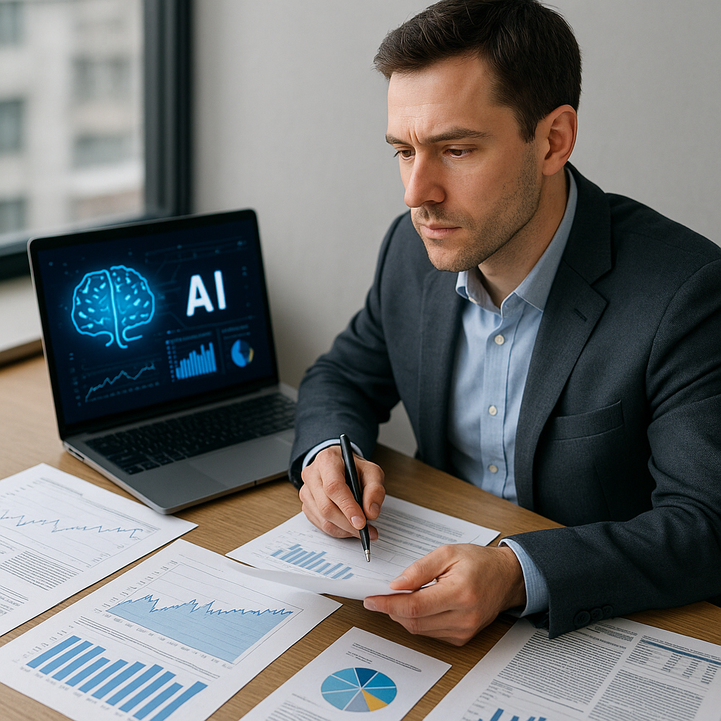 A financial analyst reviewing quarterly reports alongside AI-related charts