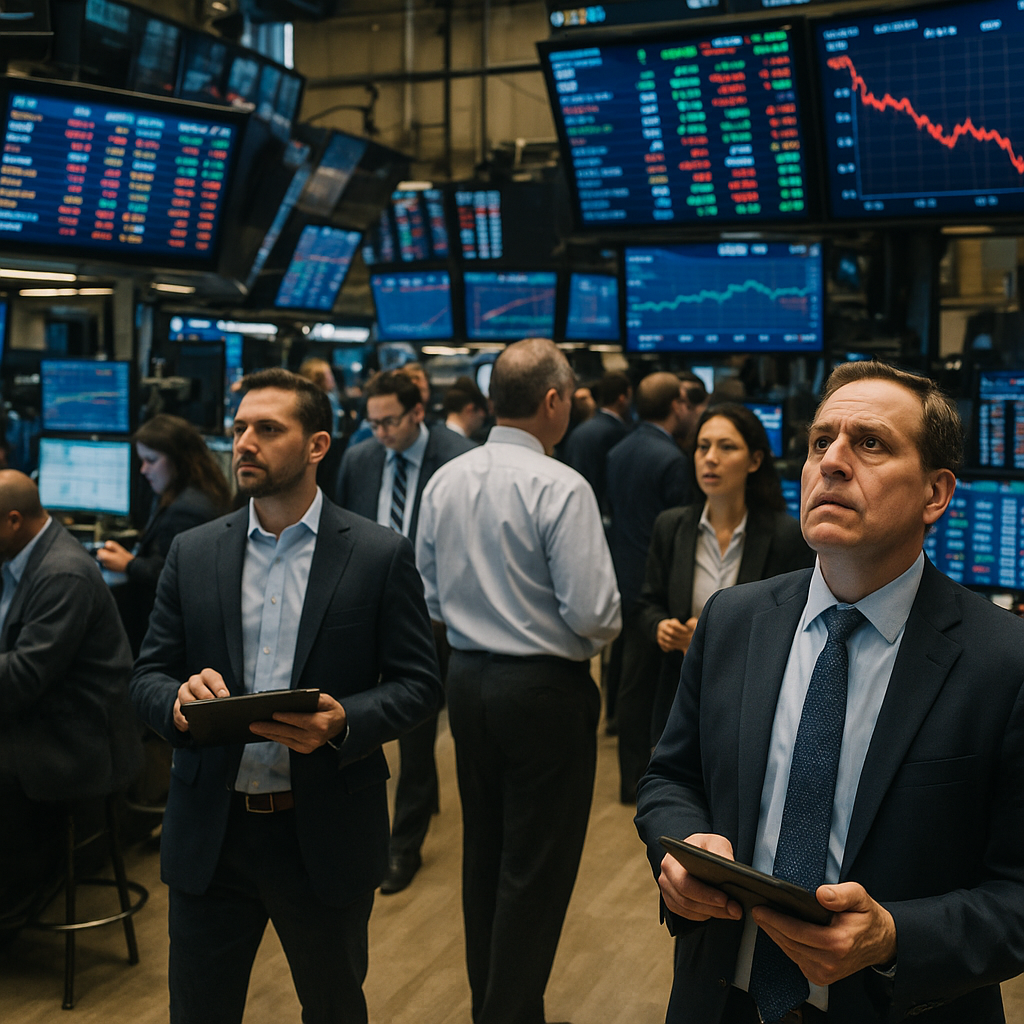 Traders on a bustling stock exchange floor during a dip in the market