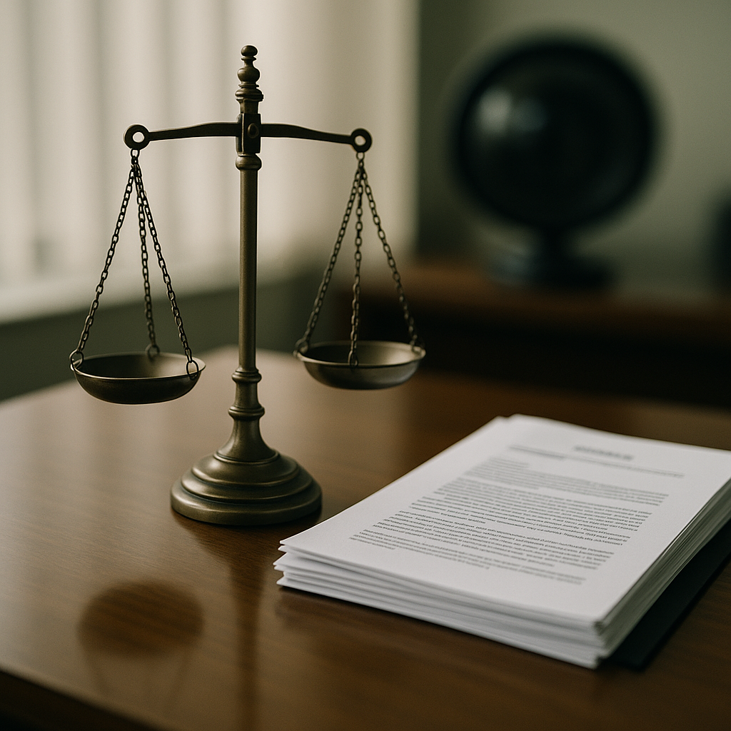 A courtroom sketch or symbolic depiction of justice scales and Epstein’s case files