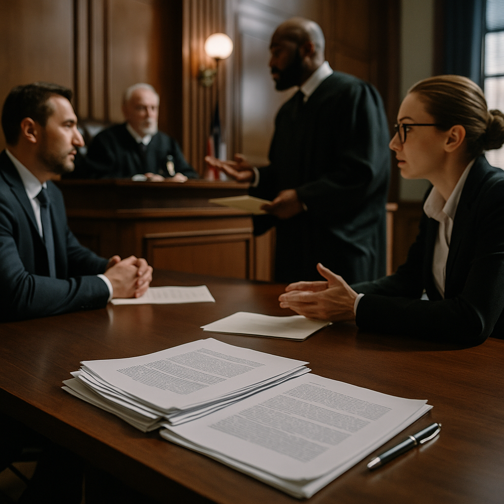 A courtroom showing legal proceedings with text documents on a desk