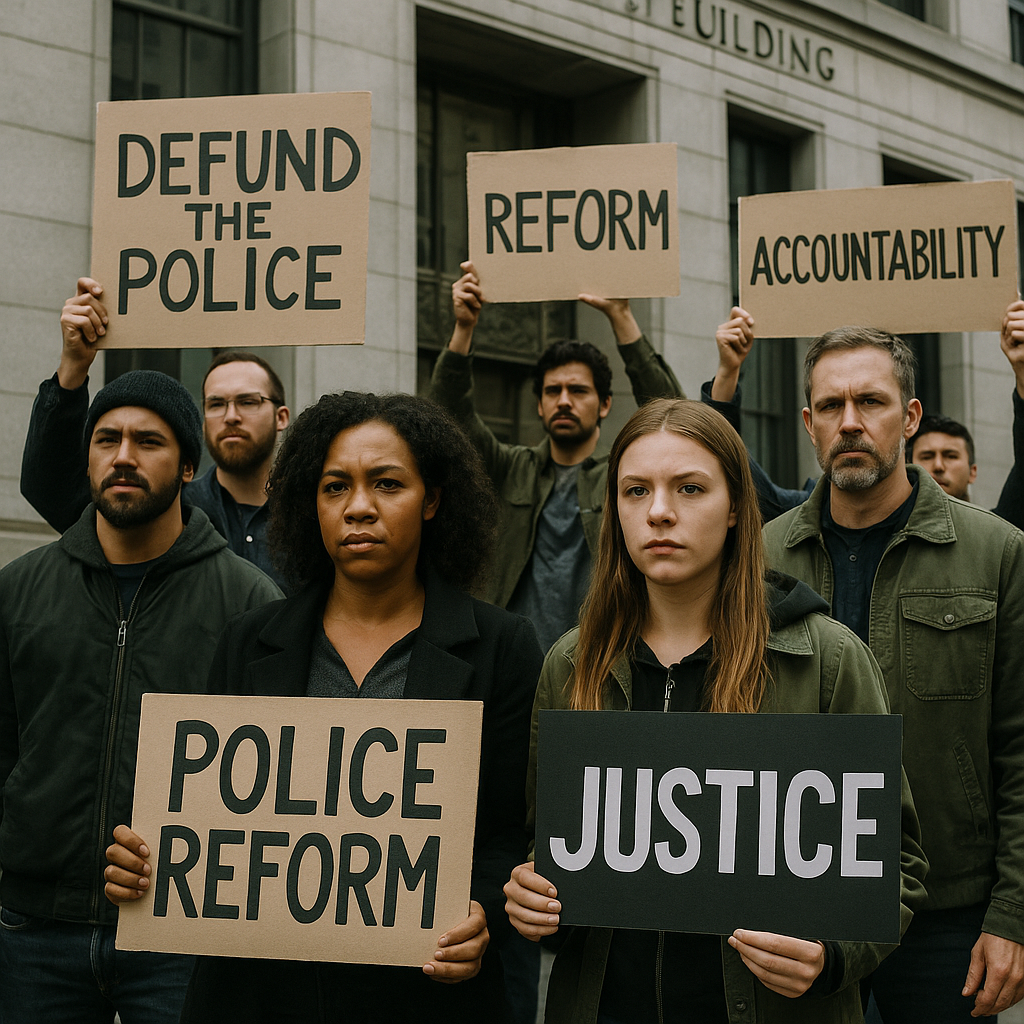 Protest outside a federal building with signs advocating for police reform