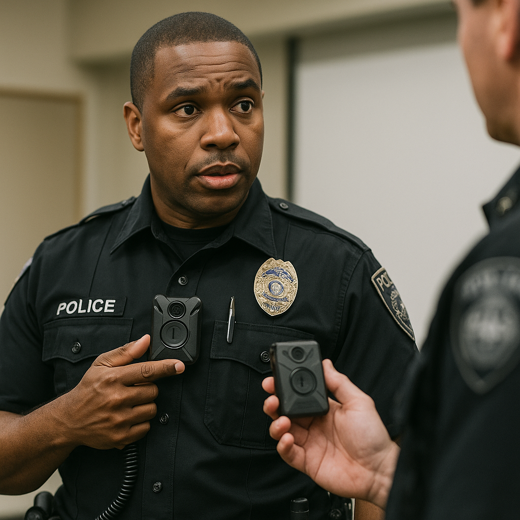 DHS officer showing training on body camera technology