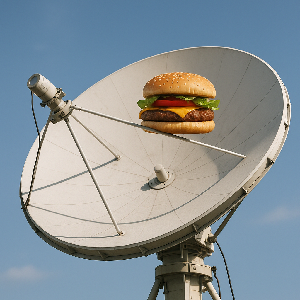 Close-up view of a satellite dish with a burger placed on it