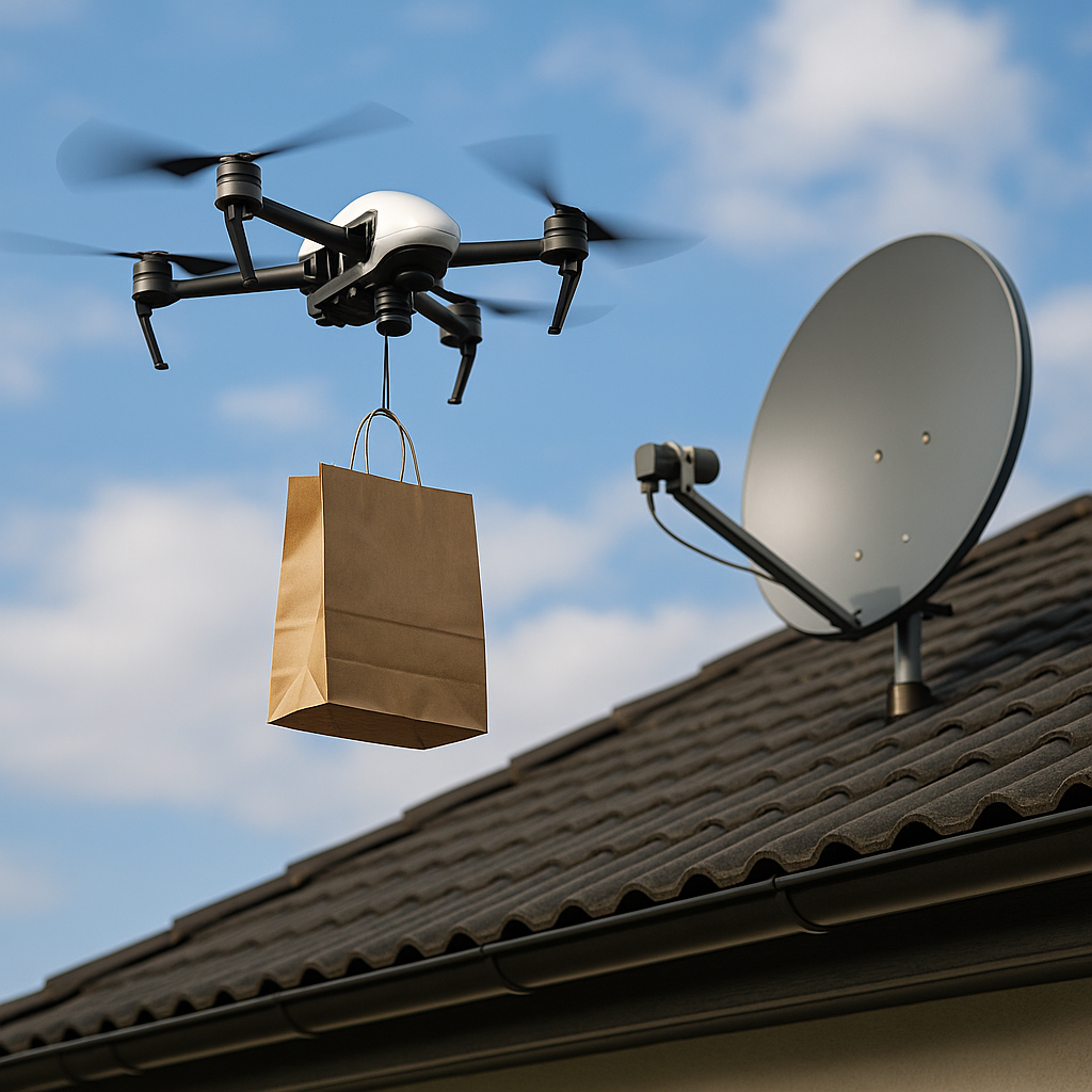 A futuristic concept image showing a burger delivery drone hovering above a house with a satellite dish