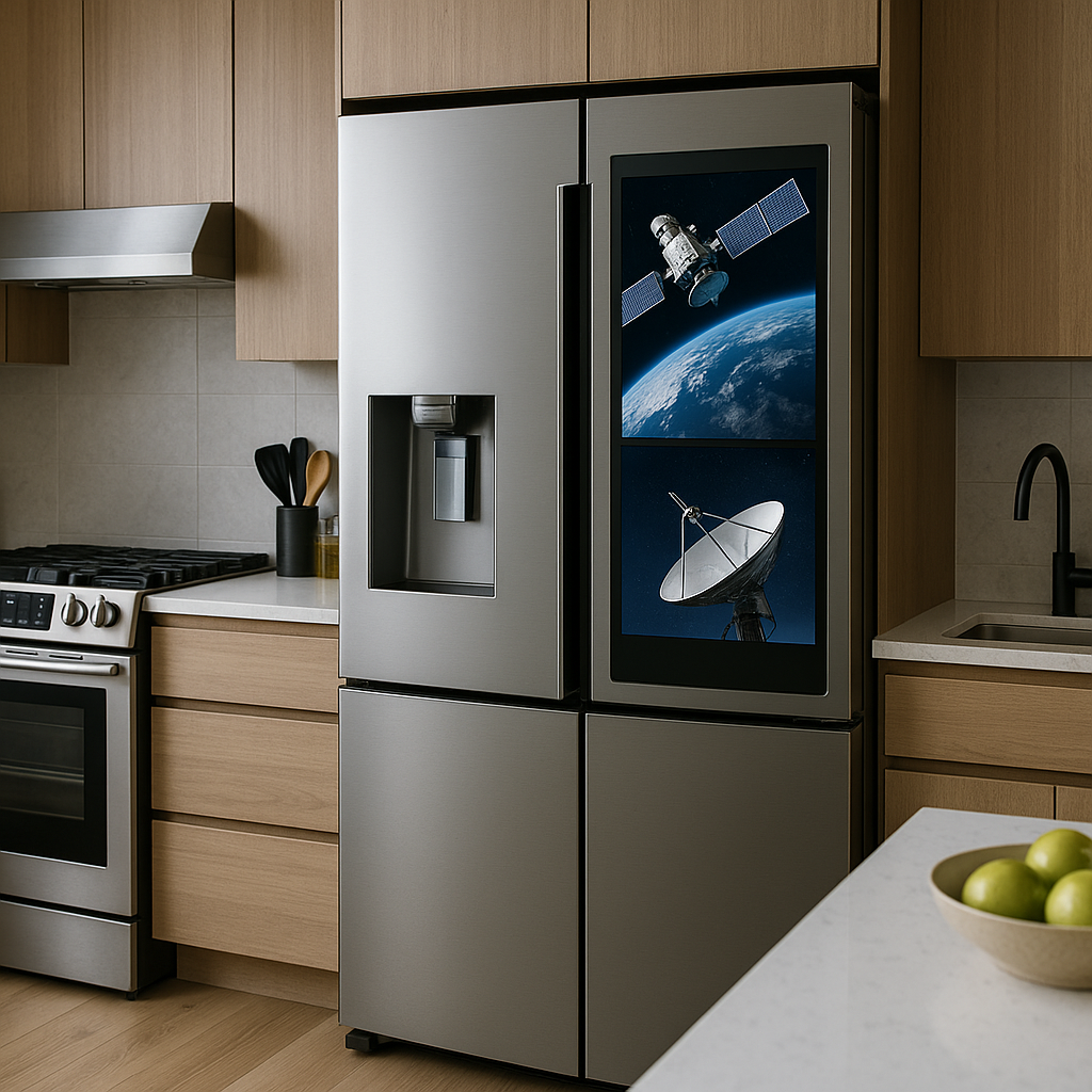 A futuristic kitchen setup showing a smart refrigerator with a high-tech satellite receiver integrated