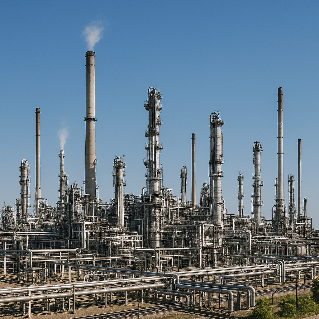 A sprawling oil refinery under clear blue skies