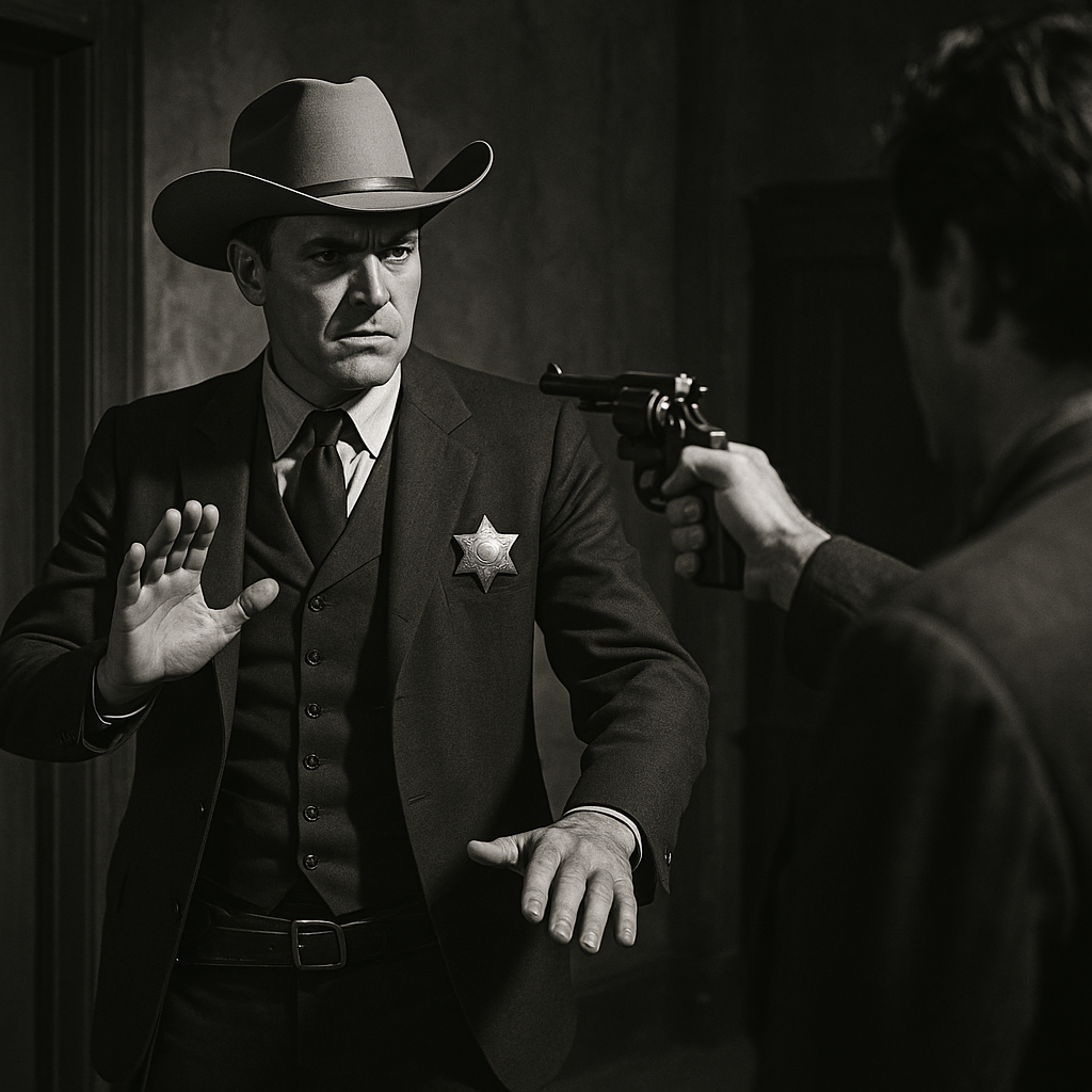 A scene from Walker, Texas Ranger, featuring Chuck Norris portraying Cordell Walker in a tense standoff