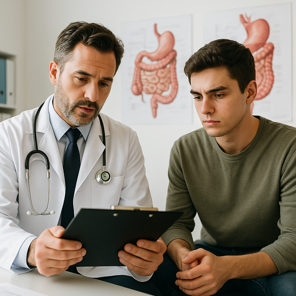 A doctor consulting with a young patient, reviewing test results on a clipboard