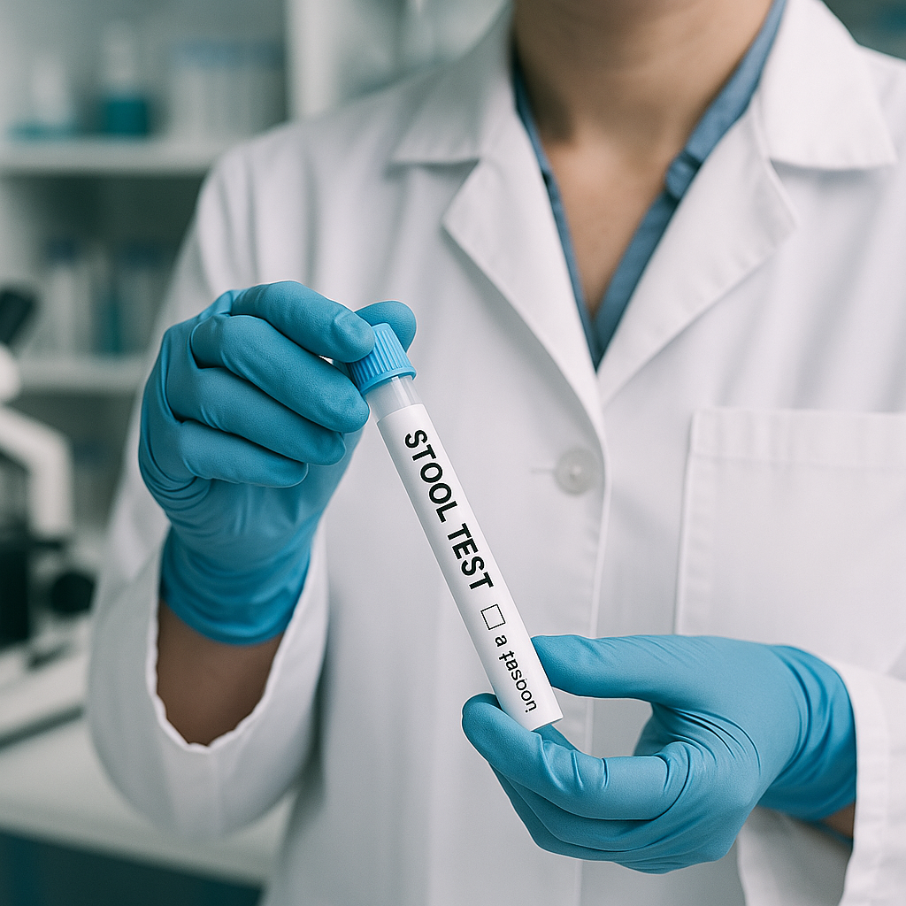 A close-up of a laboratory technician holding a stool test kit with “Colorectal Cancer Screening” visible on the label