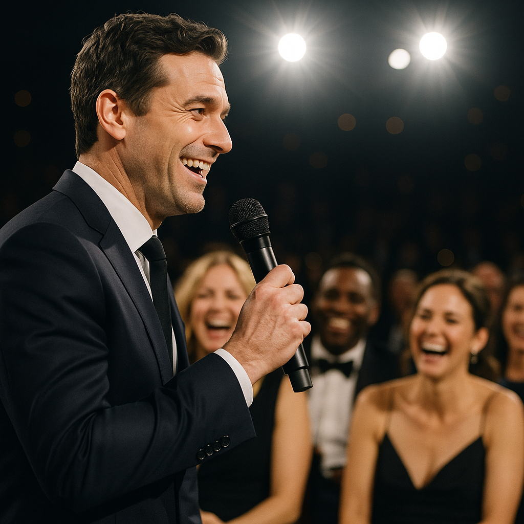Conan O'Brien holding a microphone on the Oscars stage, addressing an audience with visible laughter