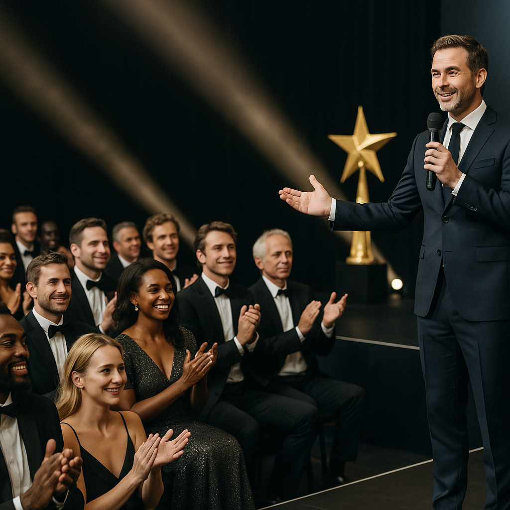 A wide-angle view of an award show stage with audience members applauding in formal wear