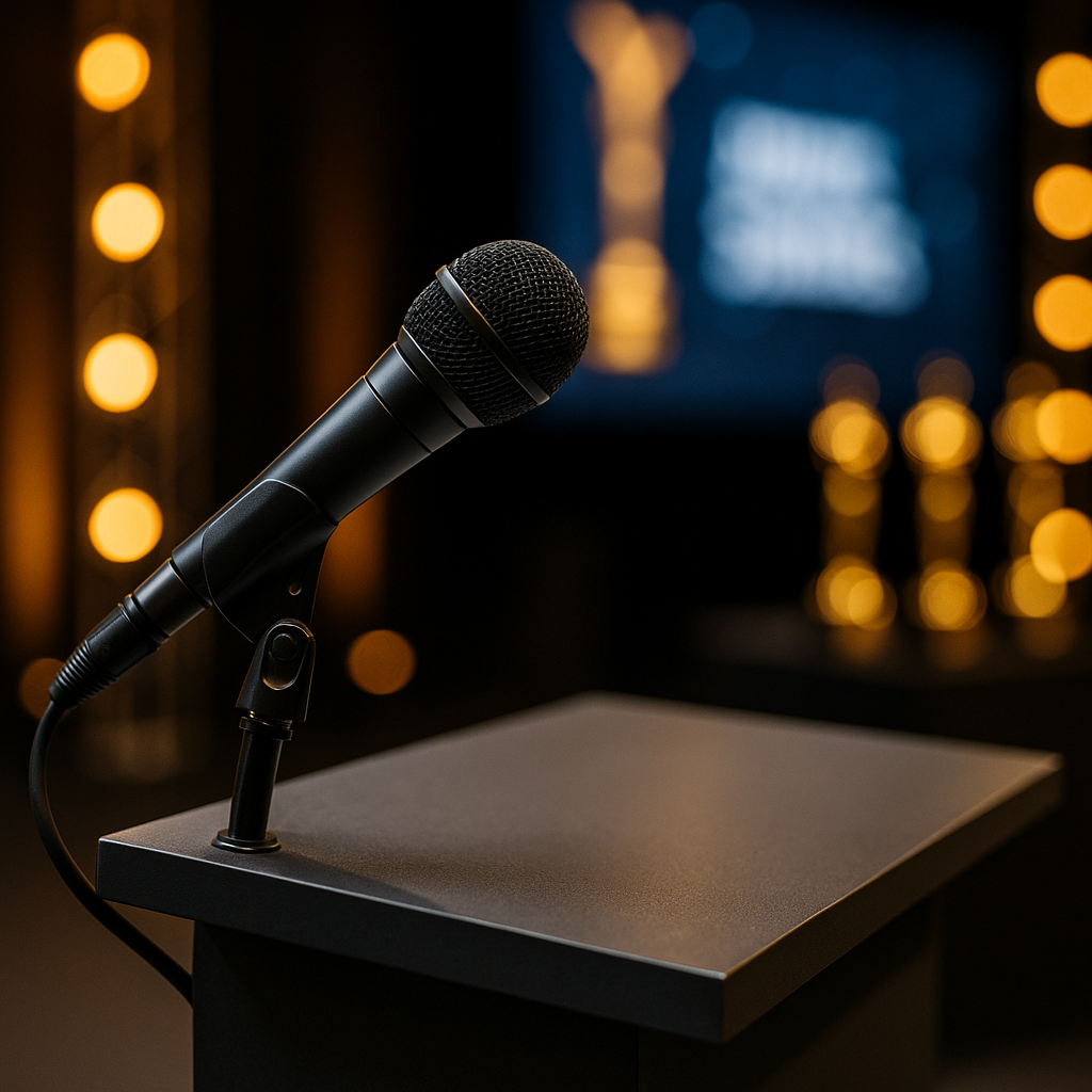 A close-up of a microphone on a podium with a blurred awards show backdrop