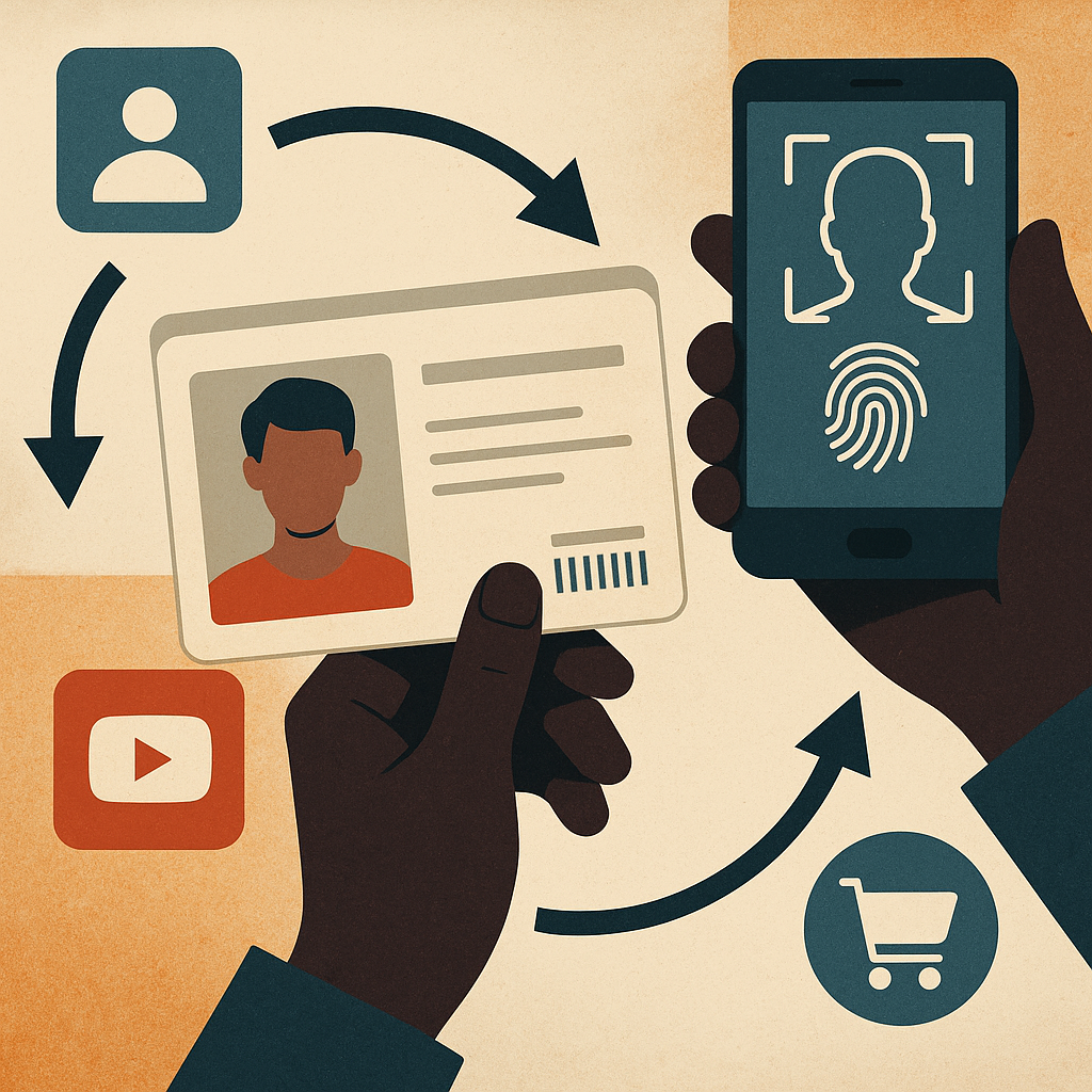 Diagram showing digital privacy erosion with visuals like an online ID linked to user activity