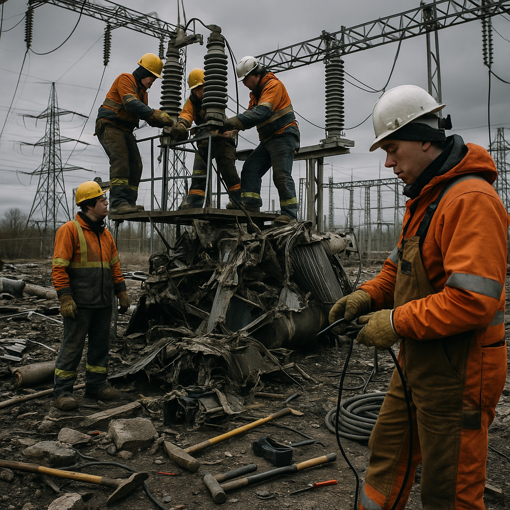 Workers trying to repair an electrical substation with surrounding debris