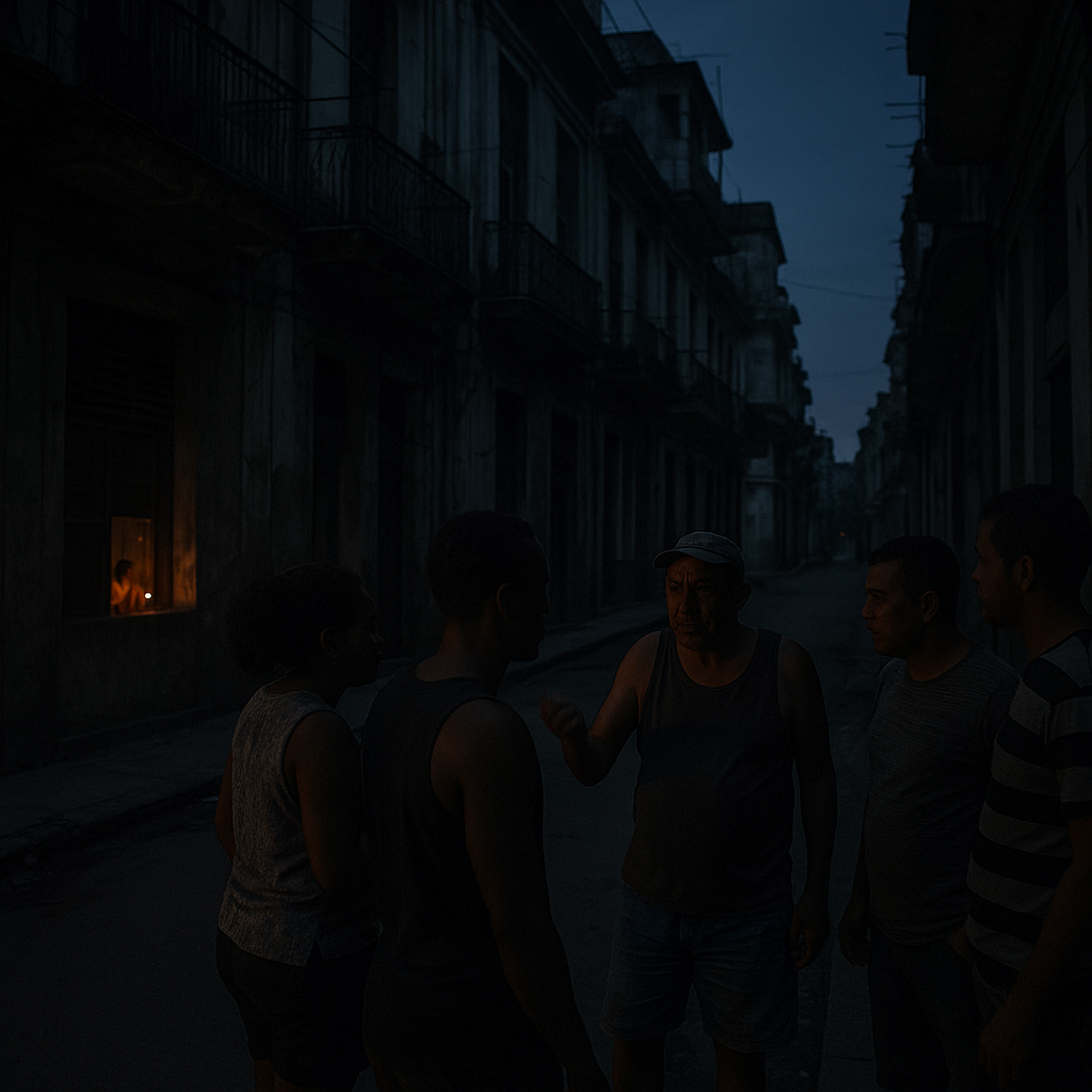 A darkened urban cityscape, with faint candlelight visible in some windows