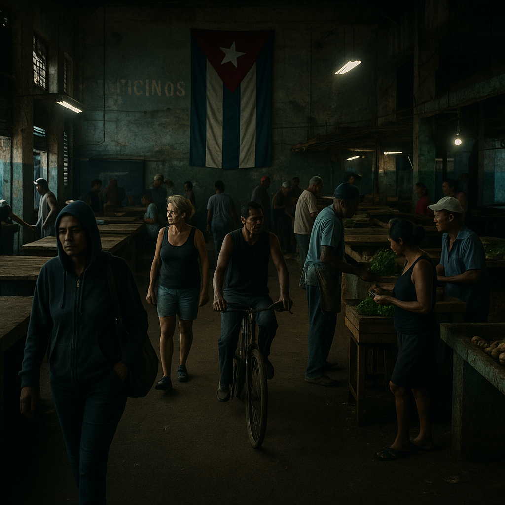 A desolate Cuban marketplace in dim lighting, with residents milling about