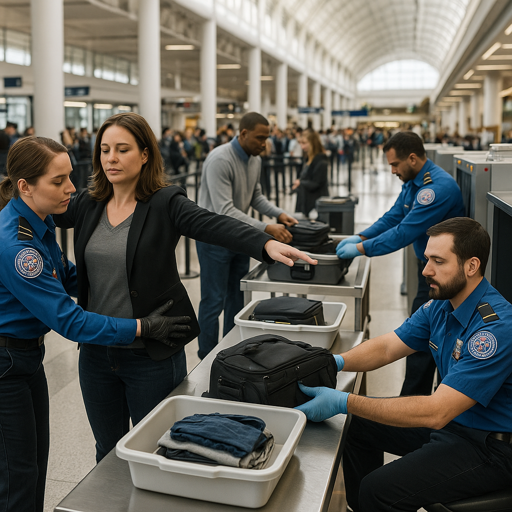 TSA workers inspecting security lines at an airport