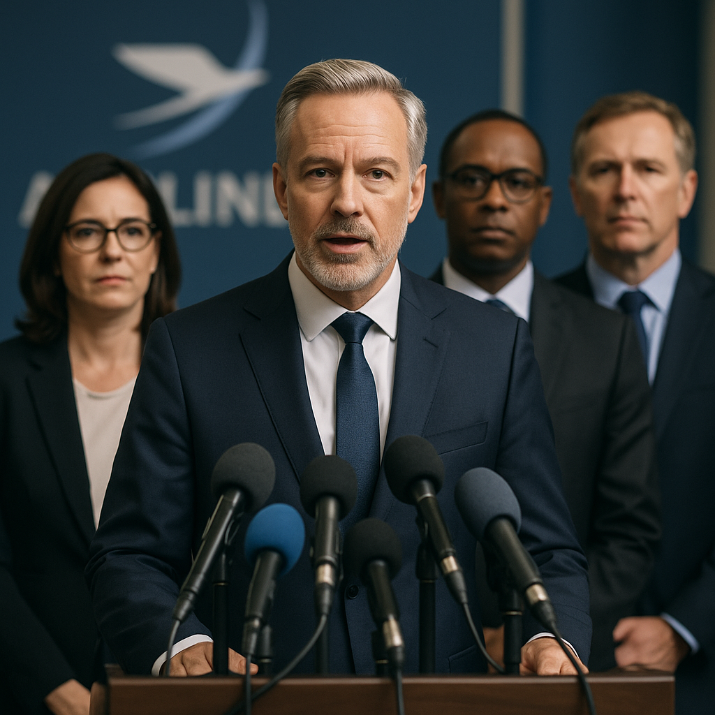 Airline executives in a press conference setting with microphones and branding