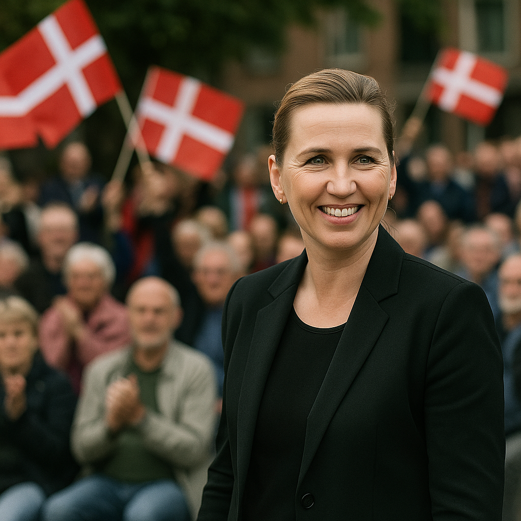 Prime Minister Frederiksen at a public campaign event surrounded by Danish flags