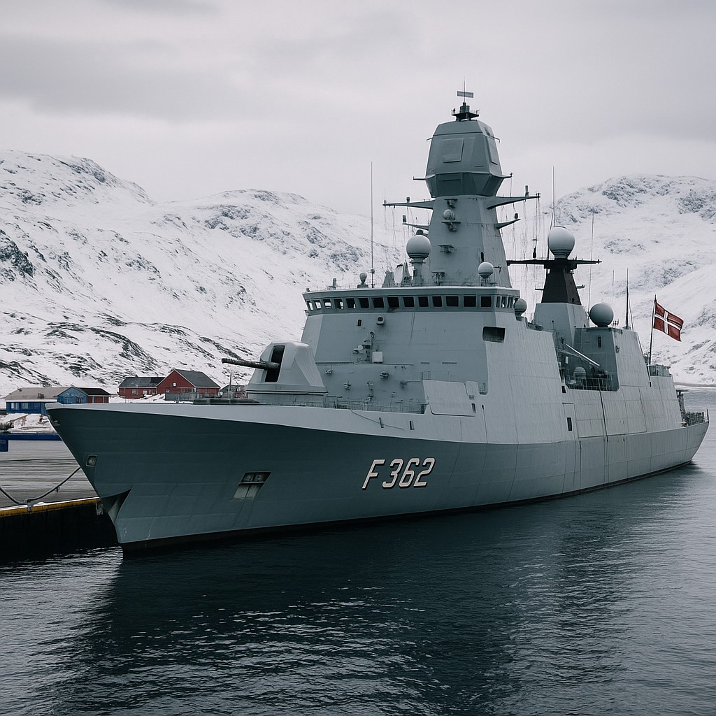 Danish navy frigate docked in Greenland’s Nuuk harbor with visible icy terrain in the background