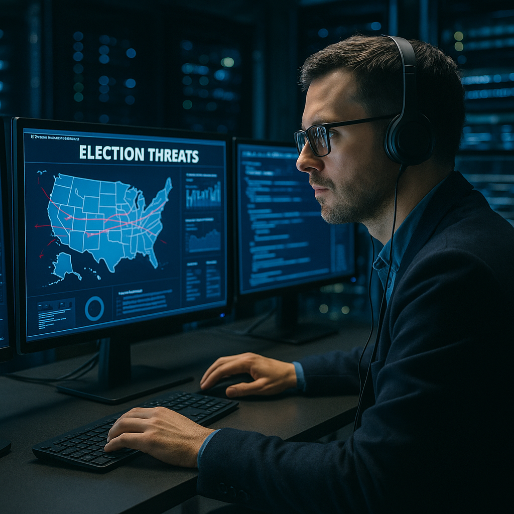 A data analyst monitoring election-related cyber threats on multiple computer screens