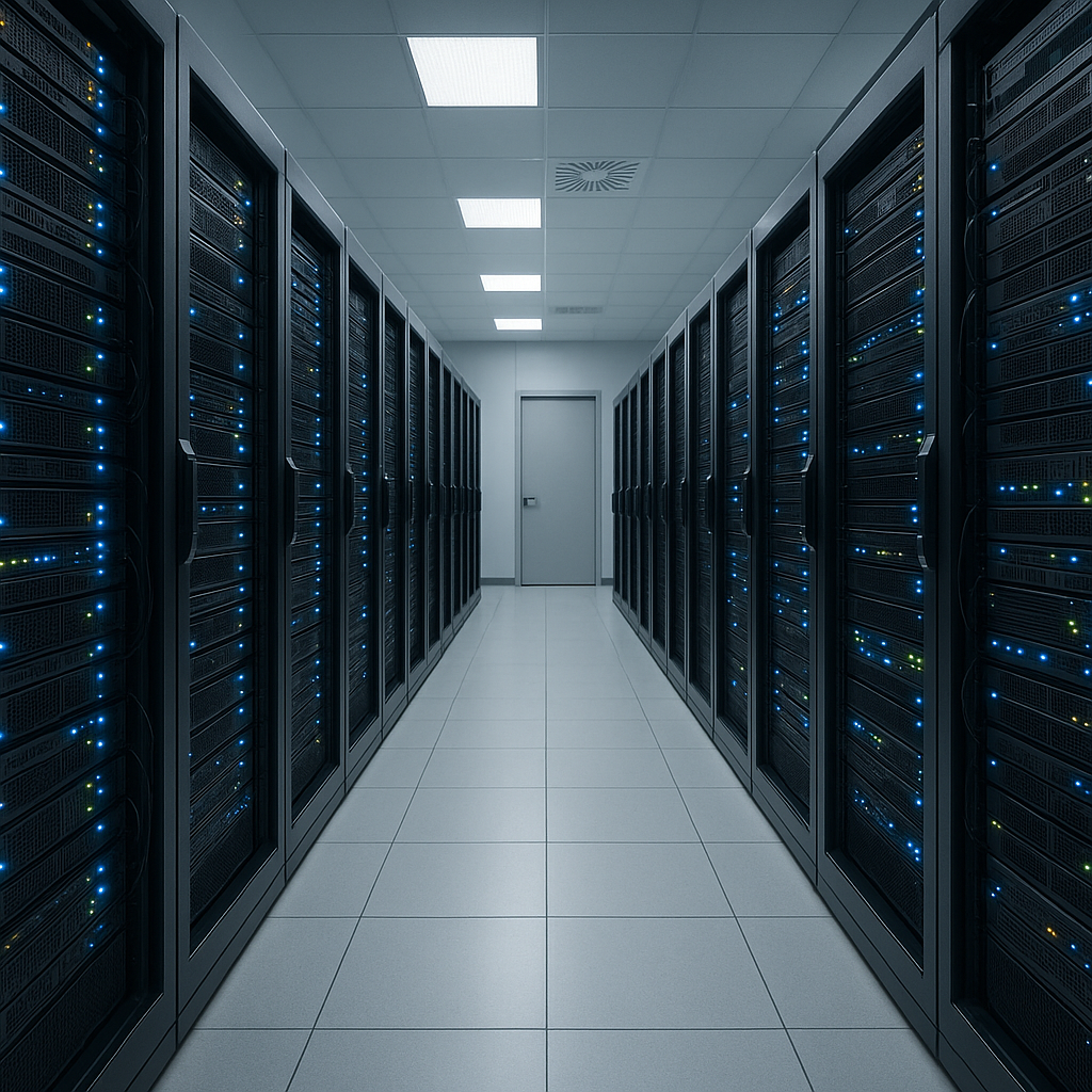 A serious-looking data server room, spotlighting how secure systems are typically managed