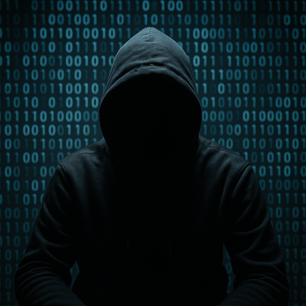 A symbolic cybersecurity graphic—a hacker figure in a hooded sweatshirt in front of binary code
