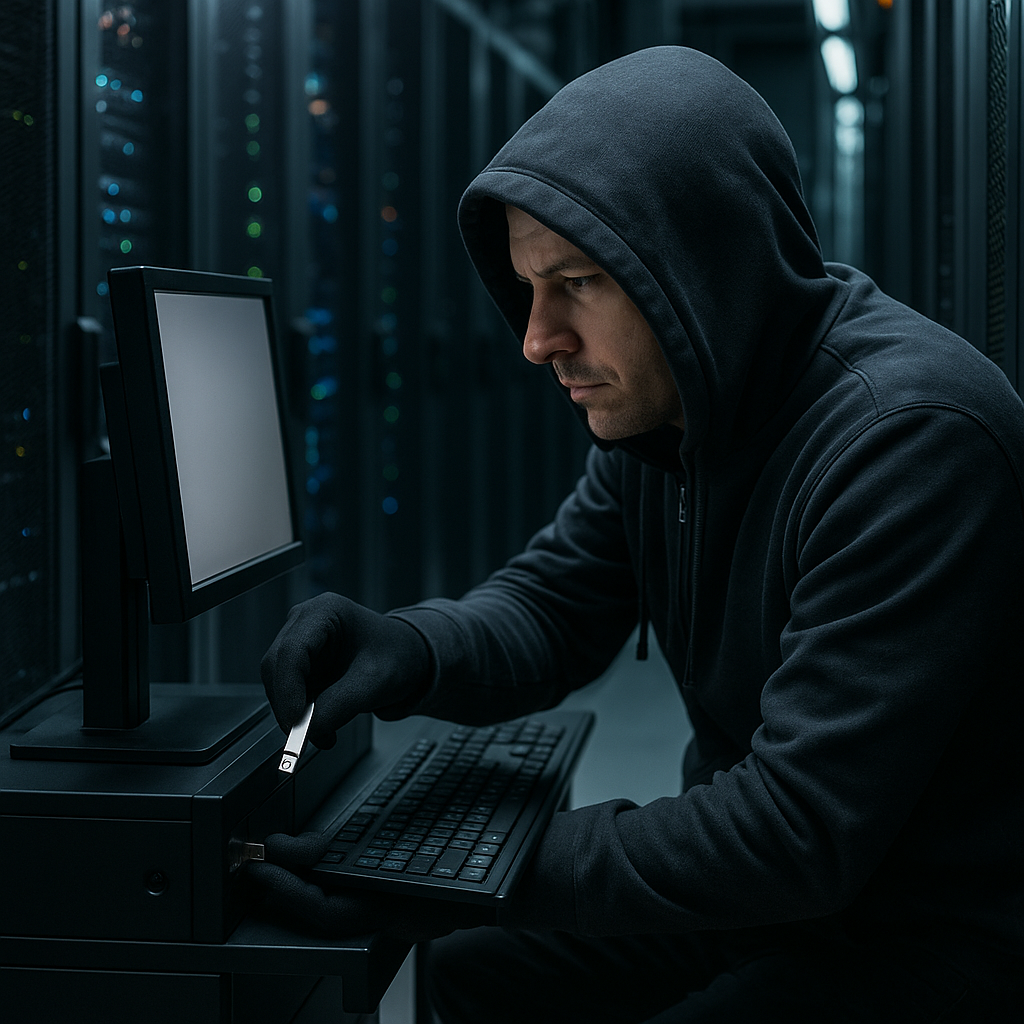 A visual representation of insider threats—an individual inside a locked facility transferring files via USB drive