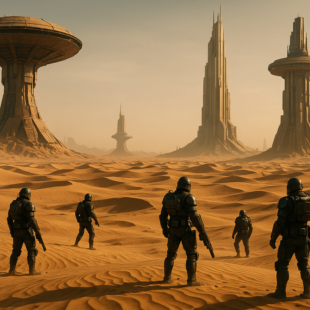 A sweeping desert landscape with futuristic structures and characters clad in sci-fi desert armor