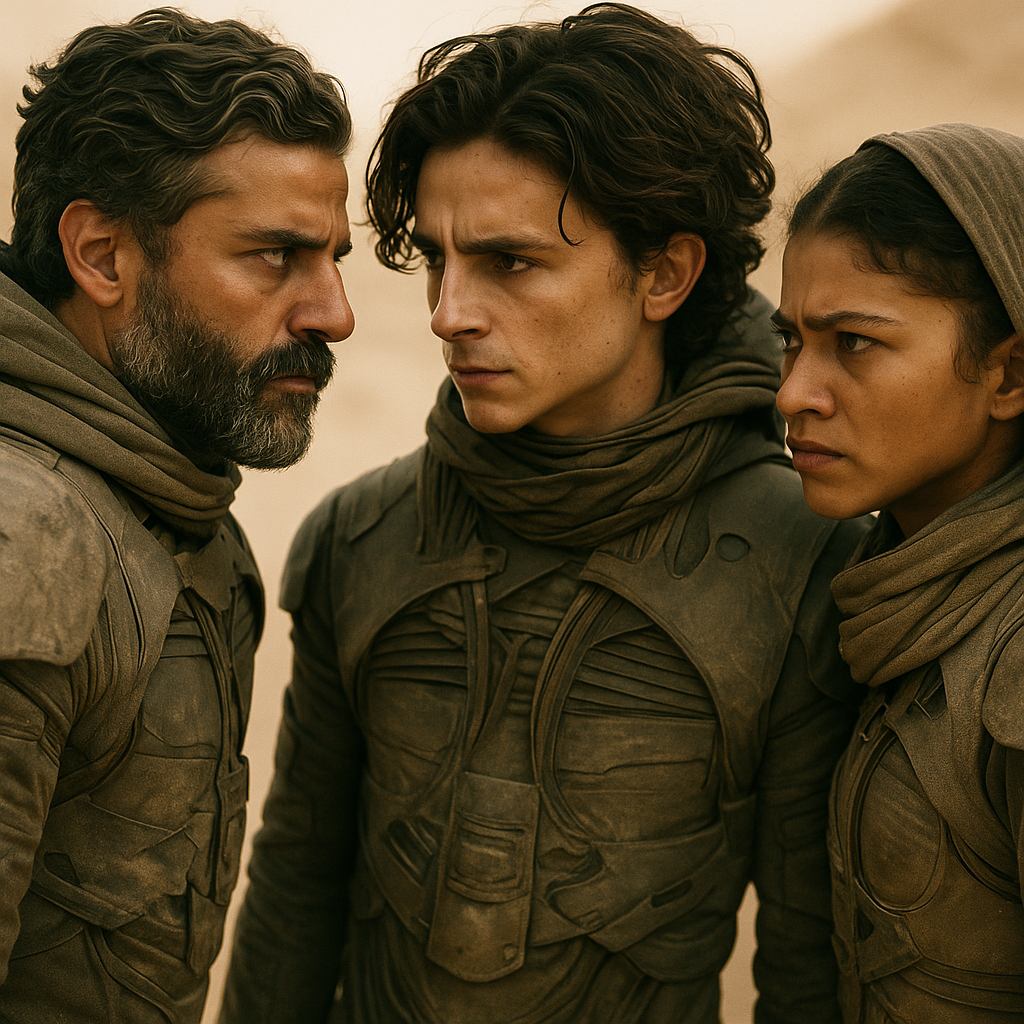 Key cast members, with Timothée Chalamet and Zendaya leading, in an intense scene against the desert backdrop
