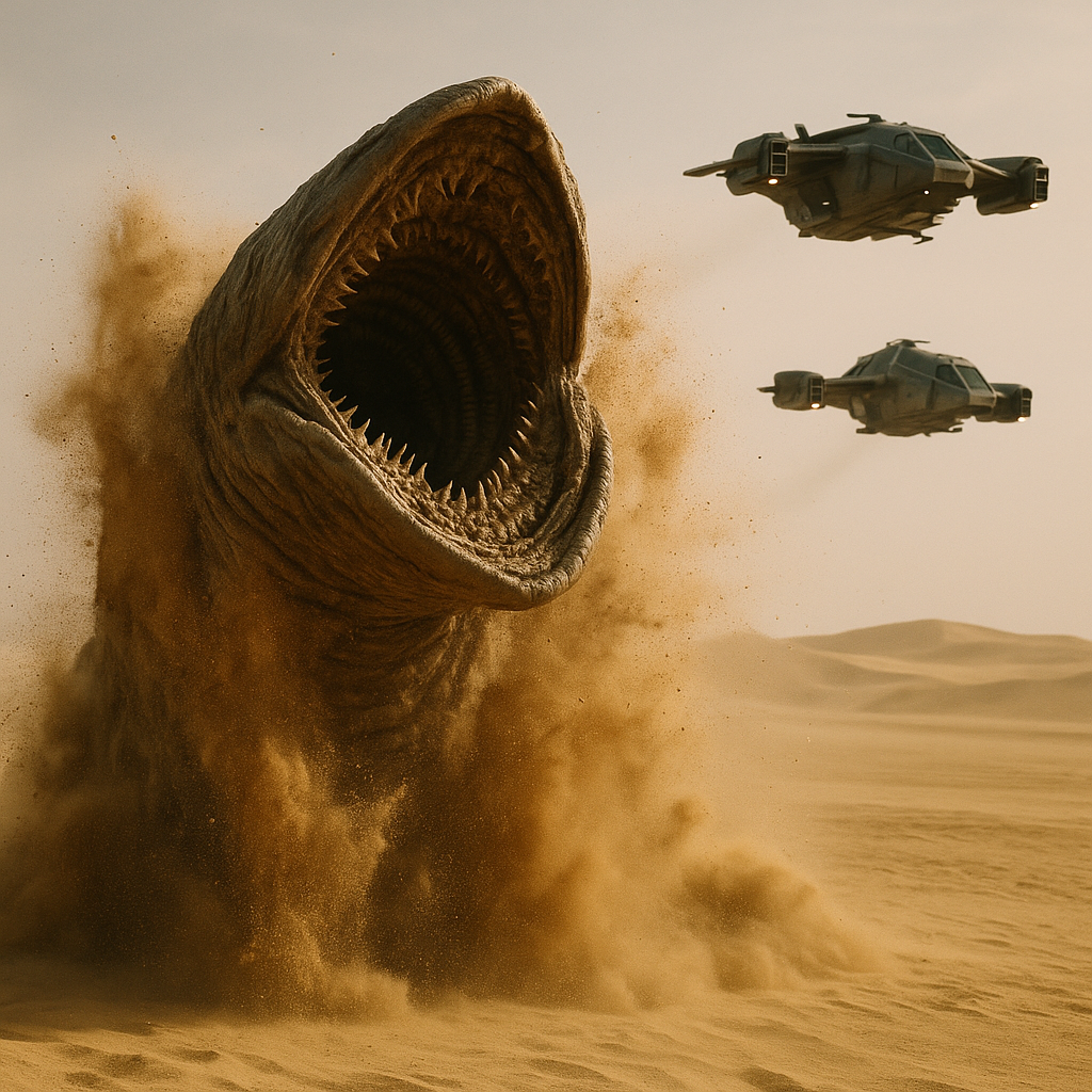 Advanced CGI depiction of a giant sandworm in action, with futuristic vehicles nearby