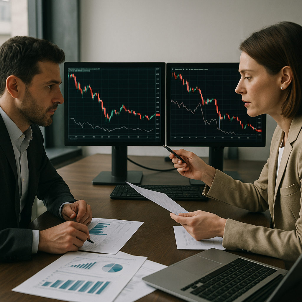 A trader analyzing stock charts on multiple monitors