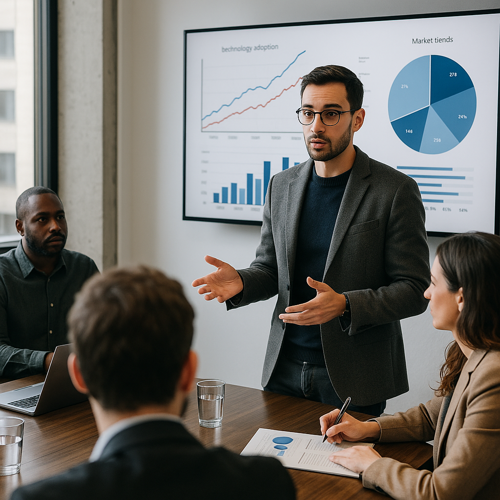 A tech analyst presenting data during a business meeting
