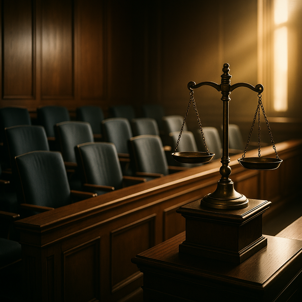 A courtroom scene designed to show symbolic justice unfolding