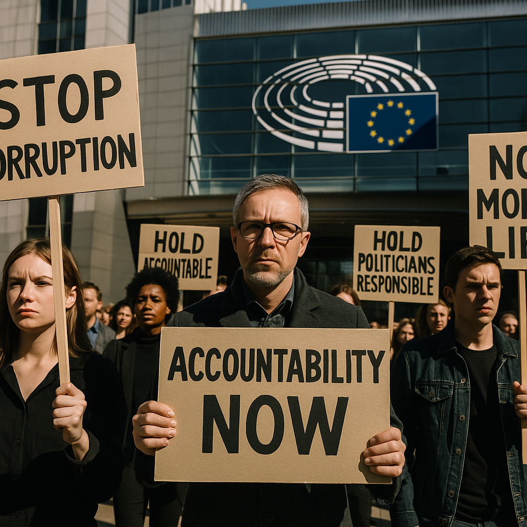 A European parliament building with a protest happening outside
