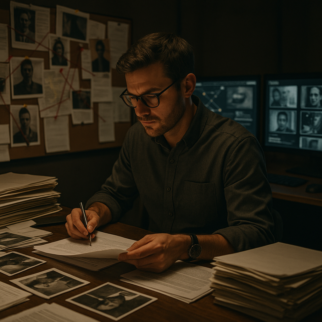 A journalist or researcher examining a complex network of documents and images