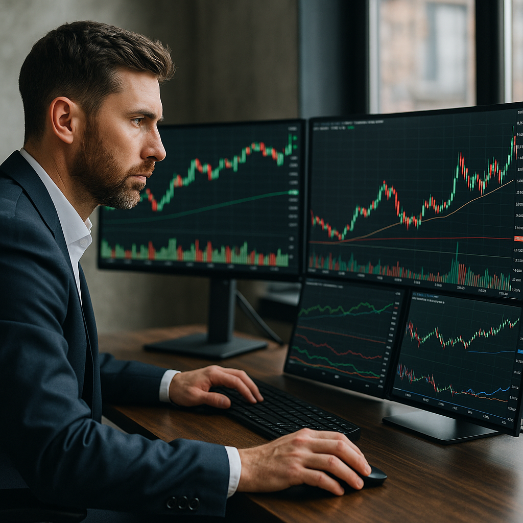 A trader analyzing stock charts on multiple monitors