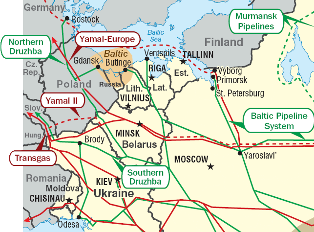 A map showing European energy pipelines connected to the Middle East