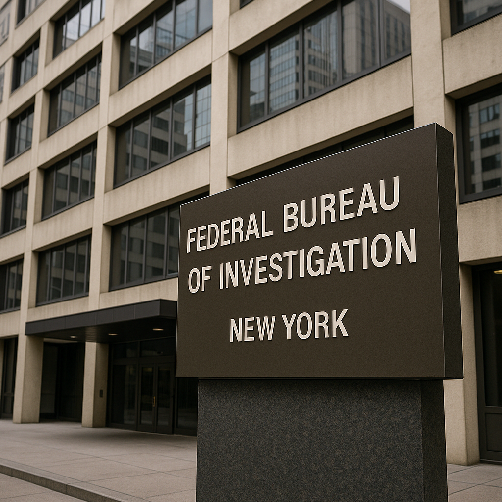 A closed FBI building in New York with a visible placard