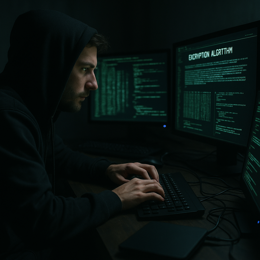 A symbolic image showing a hacker in a dimly lit room, with a computer displaying encryption algorithms