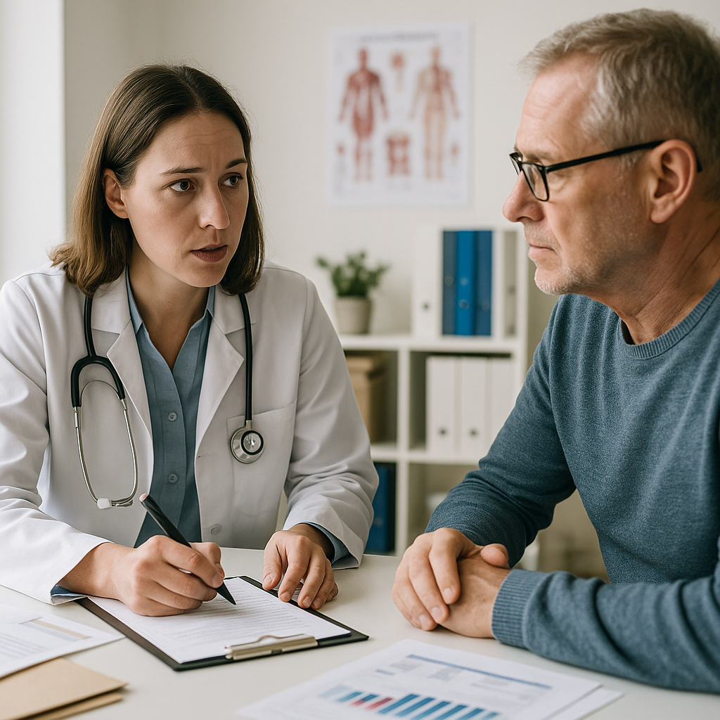 Healthcare professional consulting with a patient in a clinical office setting