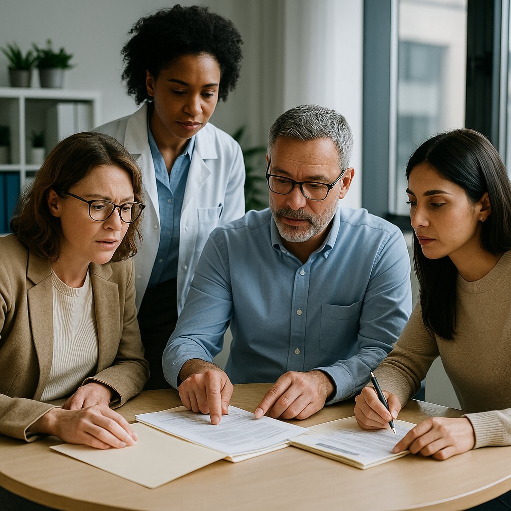 Group of psychologists and clinicians discussing patient case files over a round table