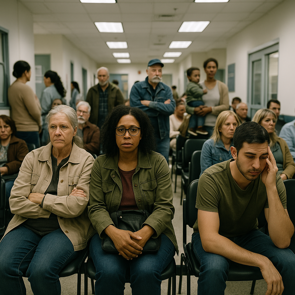 A waiting room in a public healthcare facility filled with people, emphasizing the backlog issue