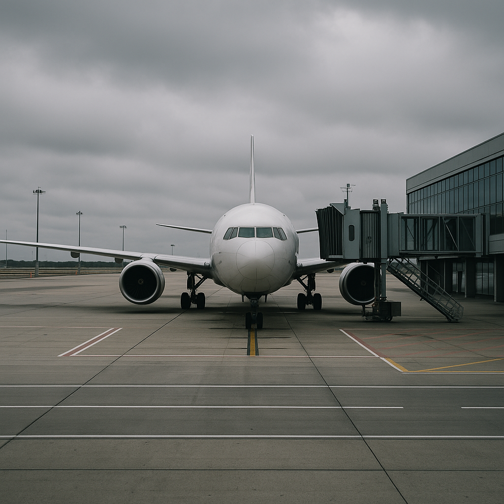 A grounded airplane at an empty airport terminal