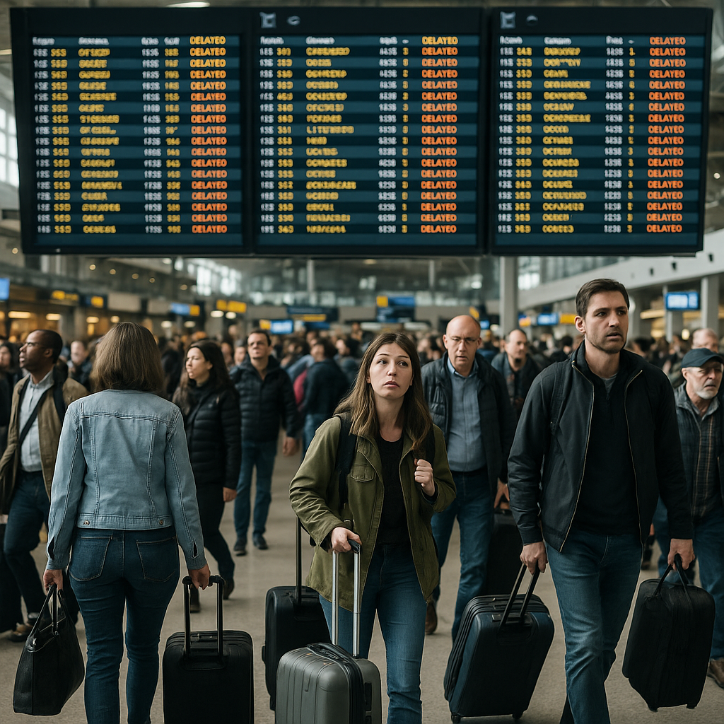 Busy airport terminal with stranded passengers and delayed flight boards displayed