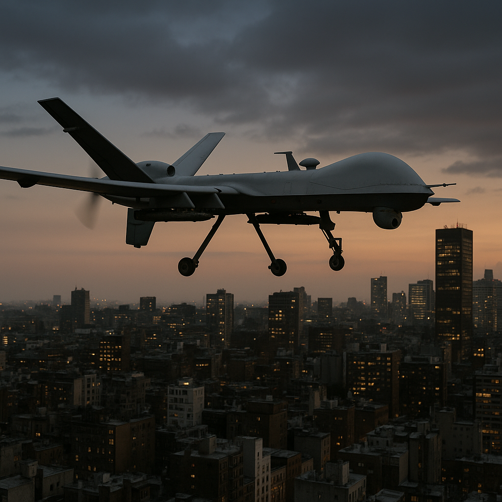 A drone in flight over an urban landscape, symbolizing surveillance or potential threats