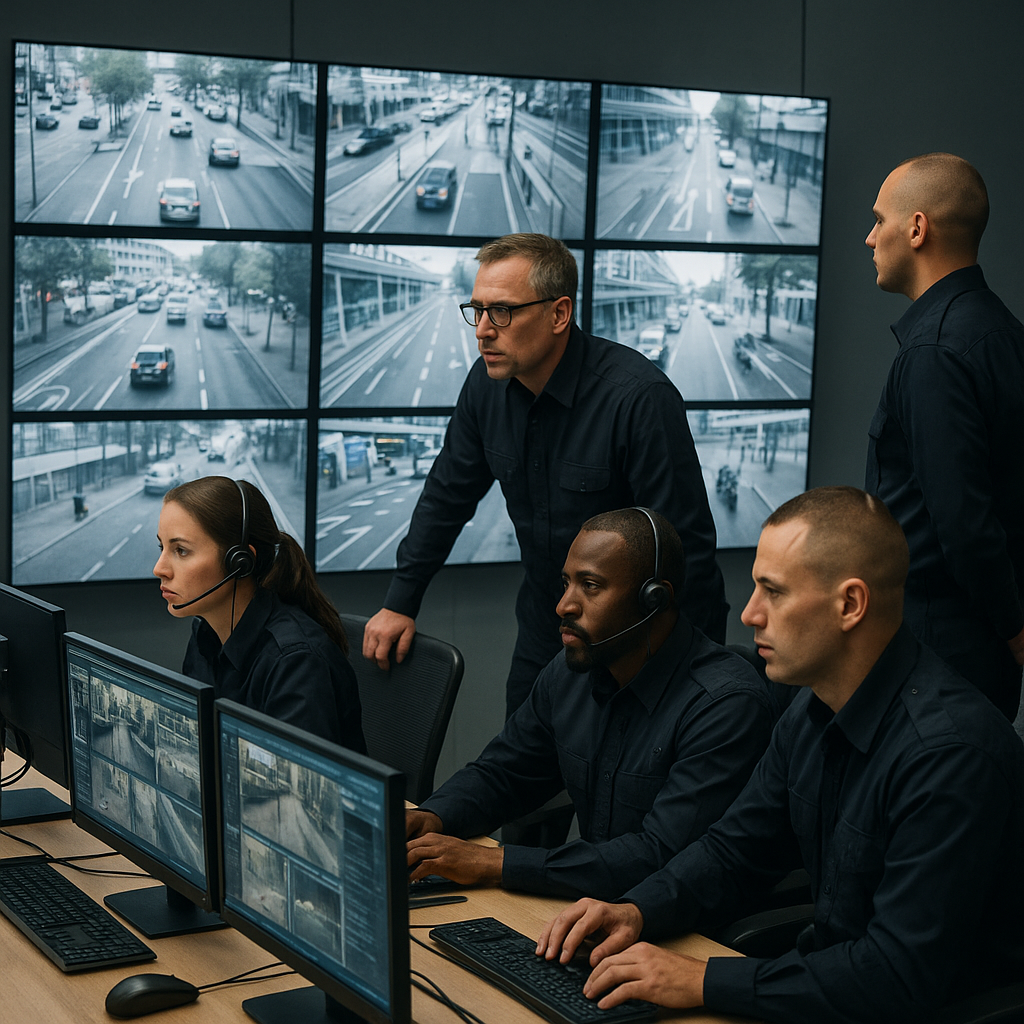 Security officers monitoring surveillance feeds in a control room, emphasizing preparedness against modern threats
