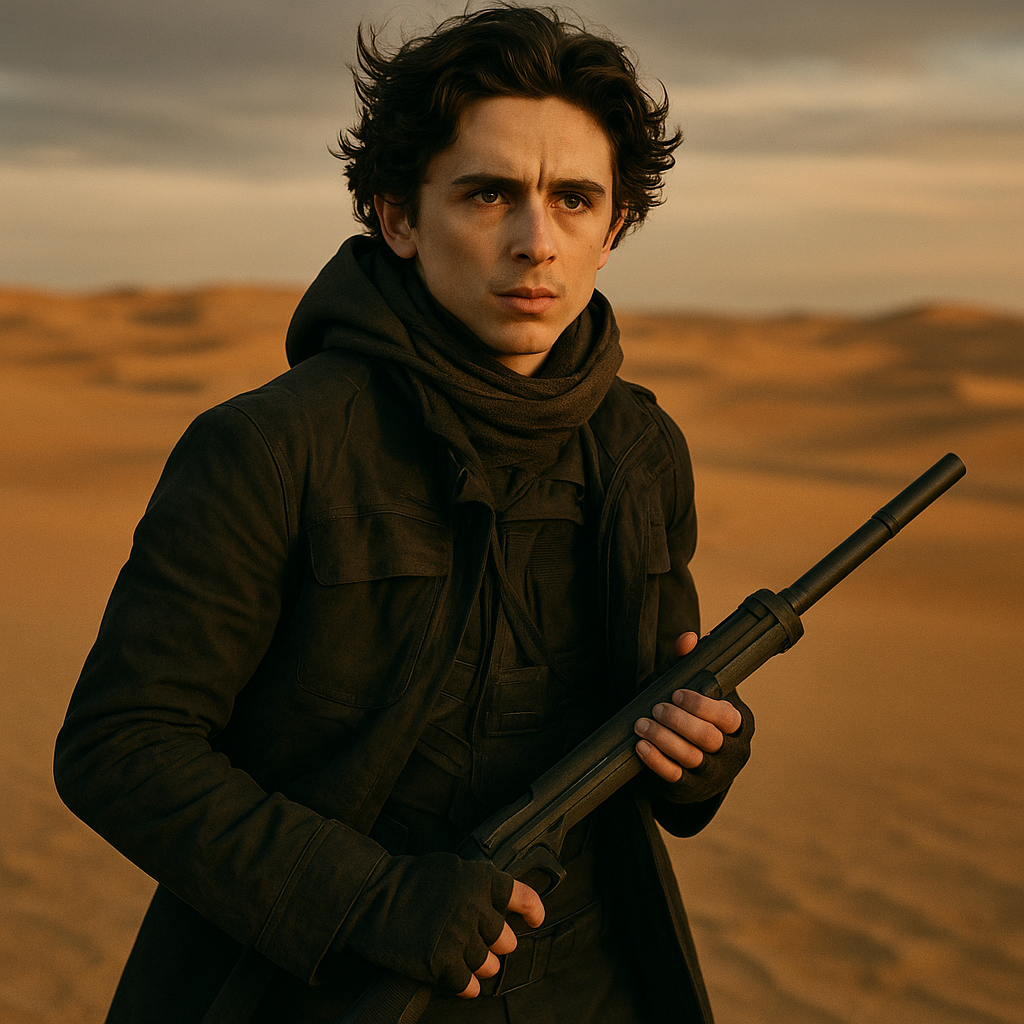 A close-up of Timothée Chalamet in costume as Paul Atreides, with dramatic desert scenery in the background