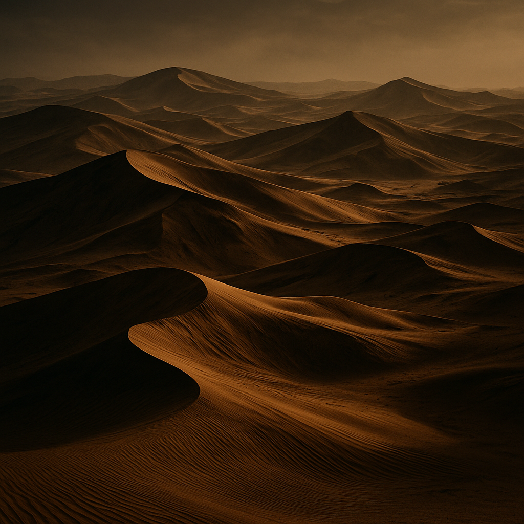 A wide shot of Arrakis' desert landscape, with sand dunes and cinematic lighting creating a dramatic effect