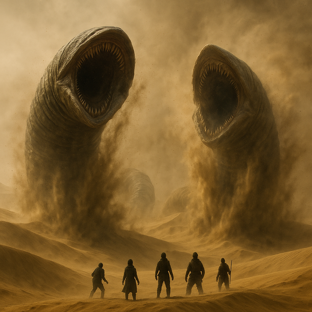 A scene showing sandworms emerging from the desert sands with characters standing in the foreground